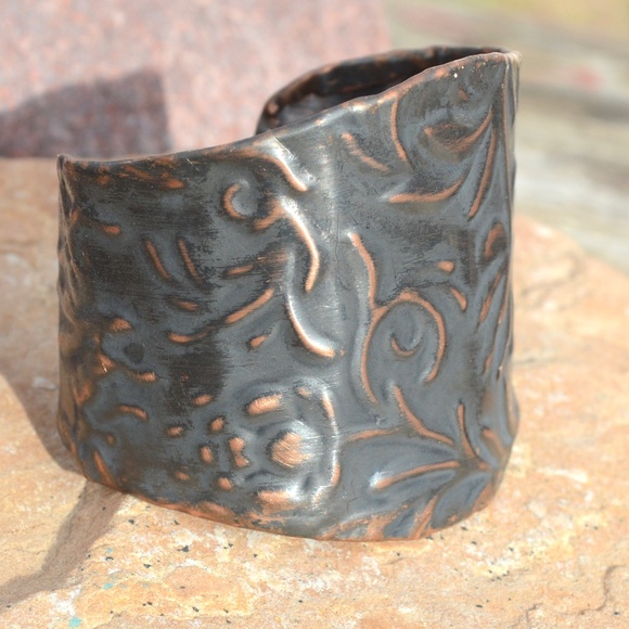 Floral Repoussé Solid Copper Wide Cuff Bracelet Embossed Handmade Bohemian Boho - Picture 3 of 8